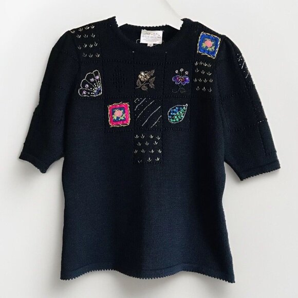 Susan Bristol Vintage Hand Embroidered Bead Wool Top Womens Size Small Black - Picture 1 of 9